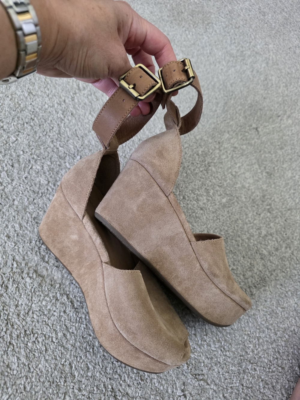 Chocolat Blu Beige Suede Platform Wedge Sandals with Ankle Buckles